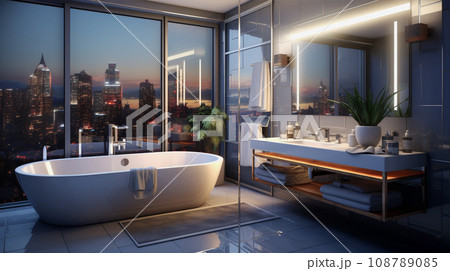 夜景が見える高級な浴室 Luxury Bathroom & night view AI生成画像 108789085
