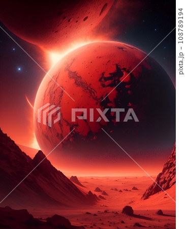 赤い大地の惑星が見える美しい宇宙の風景画 108789194
