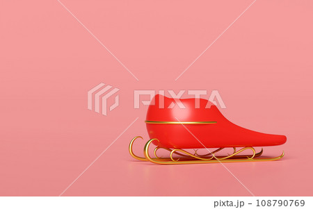 3d Christmas sleigh for santa claus isolated on pink background. merry christmas and happy new year, 3d render illustration 108790769