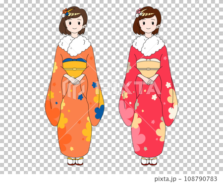 Two girls with bob wearing floral kimono Two girls with bob wearing floral kimono 108790783