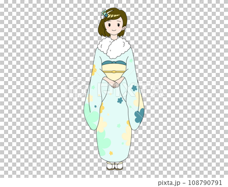 A girl with a bob wearing a light blue kimono with a floral pattern A girl with a bob wearing a light blue kimono with a floral pattern 108790791