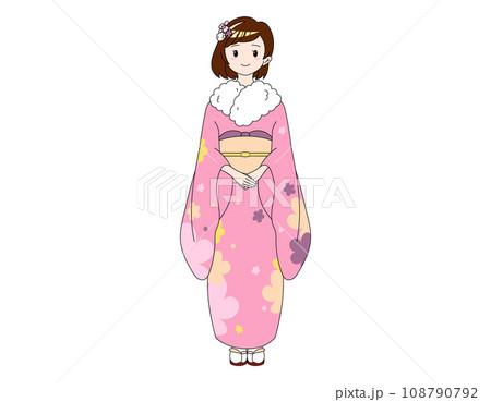 花柄のピンク色の着物を着たボブの女の子 108790792