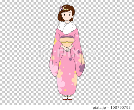 A bob girl wearing a pink kimono with a floral pattern A bob girl wearing a pink kimono with a floral pattern 108790792