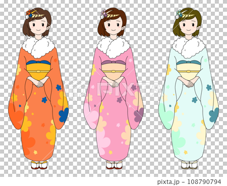 Three bob girls wearing floral kimonos 108790794