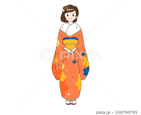 花柄のオレンジ色の着物を着たボブの女の子 花柄のオレンジ色の着物を着たボブの女の子 108790795
