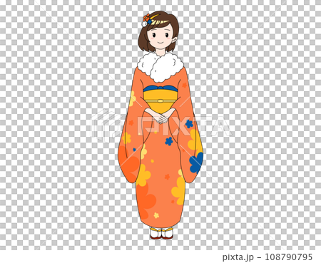 A bob girl wearing an orange kimono with a floral pattern 108790795