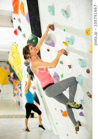 Young female alpinist practicing indoor rock-climbing on a artificial boulder without safety belts Young female alpinist practicing indoor rock-climbing on a artificial boulder without safety belts 108791667
