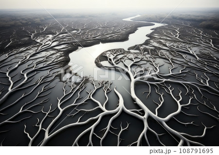 静寂を宿す白樹木の川―モノクロームな自然のアート AI画像 静寂を宿す白樹木の川―モノクロームな自然のアート AI画像 108791695