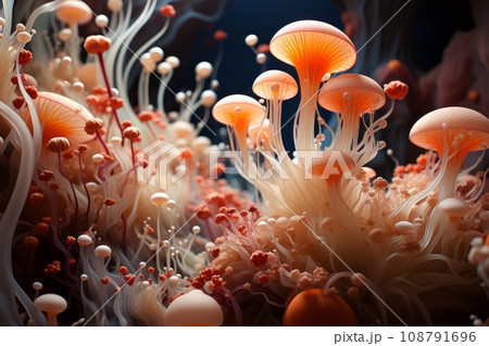 神秘的な森の生命：カラフルなきのことファンタジー世界 - AI画像 108791696