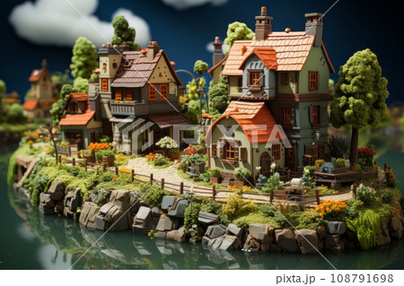 落ち着きのある水辺の村：ミニチュア風景のデジタルアート - AI画像 108791698