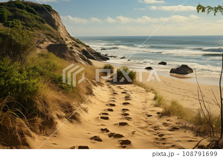 砂浜に刻まれた足跡：旅の始まりを感じる風景写真 - AI画像 108791699