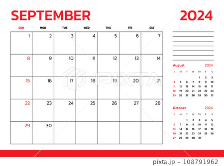 September 2024 Calendar. Week start on Sunday. Desk calendar 2024 design, simple and clean design, Wall calendar for print, digital calendar, Corporate design planner template vector. 108791962