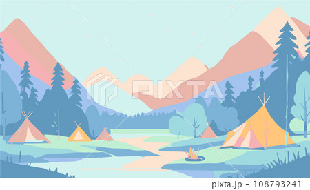 シンプルなキャンプイラスト（夜の川辺） 108793241