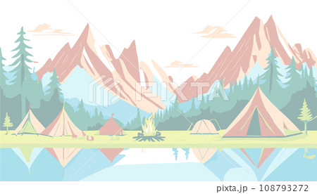 シンプルなキャンプイラスト（湖沿い） 108793272
