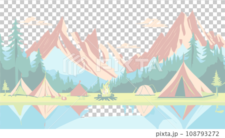 簡單的露營插畫（沿著湖泊） 108793272