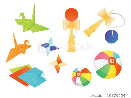 水彩風　昔の遊びイラストセット 108793544