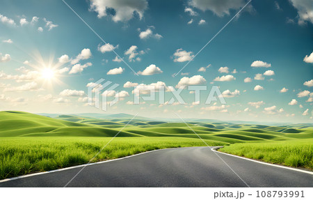 Scenic landscape with lush green field and road 108793991