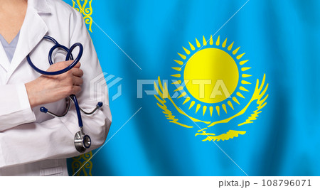 Kazakh medicine and healthcare concept. Doctor close up against flag of Kazakhstan background Kazakh medicine and healthcare concept. Doctor close up against flag of Kazakhstan background 108796071