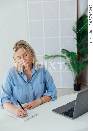 Business woman working on laptop in home office online 108796099