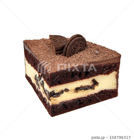 A piece of Cake based on chocolate biscuit, mascarpone cream and cookie pieces isolated on white A piece of Cake based on chocolate biscuit, mascarpone cream and cookie pieces isolated on white 108796317