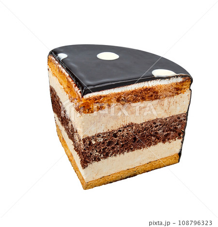 A piece of Cake based on chocolate, vanilla, poppy seed biscuit, meringue, cream with condensed milk isolated on white 108796323