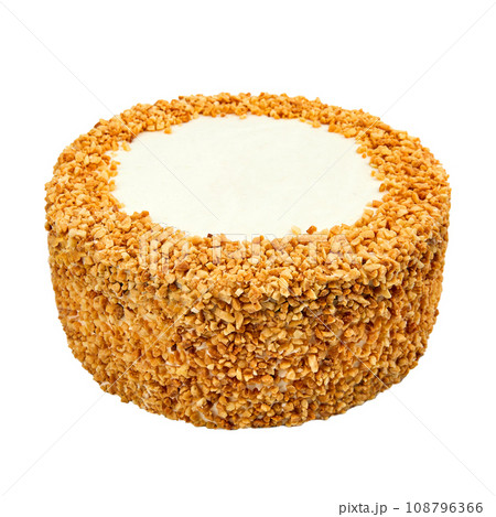 Cake with chocolate biscuit, cheese cream, salted caramel and peanuts isolated on white Cake with chocolate biscuit, cheese cream, salted caramel and peanuts isolated on white 108796366