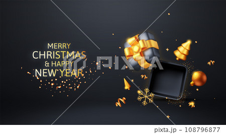3D Open Gift Box with Golden Confetti. 3D Open Gift Box with Golden Confetti. 108796877