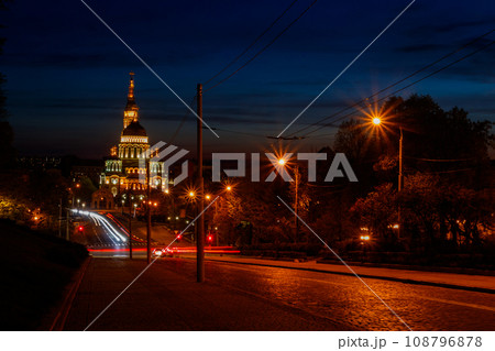 View of illuminated Annunciation cathedral at night in Kharkov, Ukraine 108796878