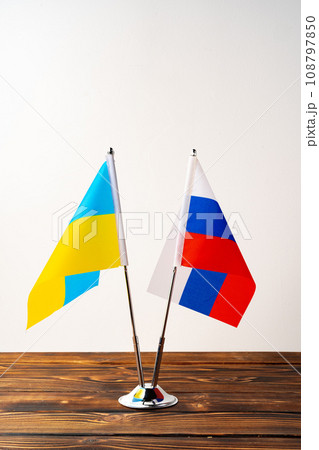 Small flags of Russia and Ukraine on flagpoles Small flags of Russia and Ukraine on flagpoles 108797850