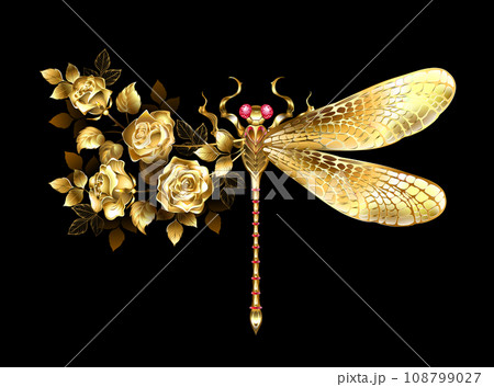 Golden flower dragonfly with rose Golden flower dragonfly with rose 108799027