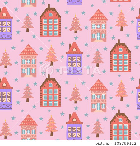 Scandinavian houses, pink Christmas trees and stars seamless pattern. Perfect for cards, invitations, wallpaper, banners, kindergarten, baby shower, children room decoration. Scandinavian houses, pink Christmas trees and stars seamless pattern. Perfect for cards, invitations, wallpaper, banners, kindergarten, baby shower, children room decoration. 108799122