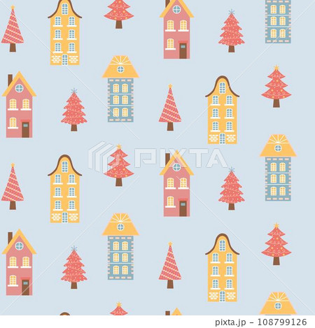 Scandinavian houses and pink Christmas trees seamless pattern. Perfect for cards, invitations, wallpaper, banners, kindergarten, baby shower, children room decoration. 108799126