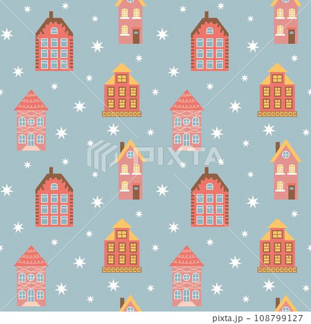 Scandinavian pink houses and snowflakes seamless pattern. Perfect for cards, invitations, wallpaper, banners, kindergarten, baby shower, children room decoration. Scandinavian pink houses and snowflakes seamless pattern. Perfect for cards, invitations, wallpaper, banners, kindergarten, baby shower, children room decoration. 108799127