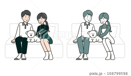 Illustration of a sitting couple and their dog 108799598