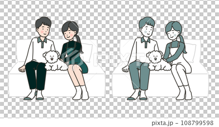 Illustration of a sitting couple and their dog 108799598