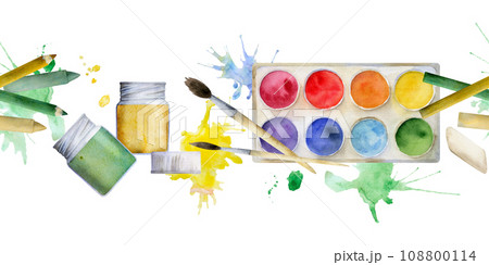 Watercolor hand drawn illustration, kids children painting materials supplies, palette splashes gouache brush pencil. Seamless border isolated on white. For school, kindergarten, party, cards, website Watercolor hand drawn illustration, kids children painting materials supplies, palette splashes gouache brush pencil. Seamless border isolated on white. For school, kindergarten, party, cards, website 108800114