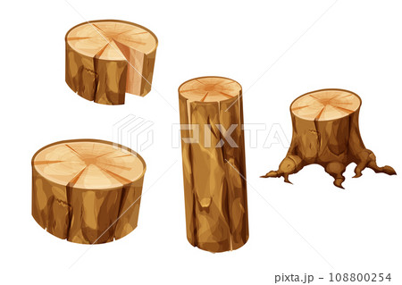 Set Wooden stump forest tree trunk with roots, log, cut section in cartoon style isolated. Plant detailed.  108800254
