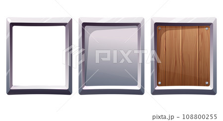 Set Metal steel frames, iron panel, silver border with wood game menu, border in cartoon style silver color isolated on white background. Board template. 108800255
