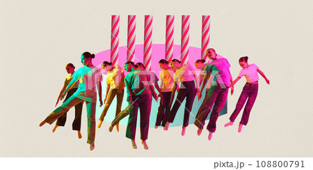 Poster. Contemporary art collage. Modern creative artwork. Group of dancers dancing in neon light with candy canes. 108800791