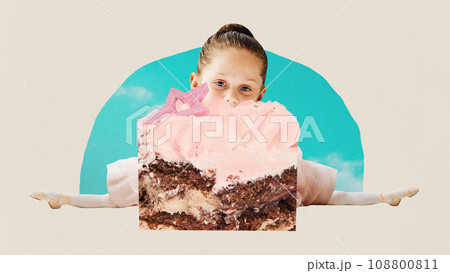 Poster. Contemporary art collage. Modern creative artwork. Little cute ballerina with small legs sits in splits and eating birthday cake. 108800811