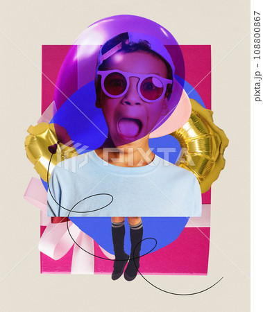 Poster. Contemporary art collage. Modern creative artwork. View through party balloons on funny little boy with wide open mouth in sunglasses. 108800867
