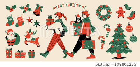 クリスマスの買い物をしている人物、クリスマスの小物セットのイラスト