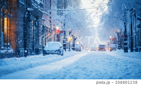 冬の都市、雪の街の風景、AI生成画像のイラスト素材 [108801238] - PIXTA