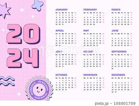 Vector monthly calendar 2024 in Y2k style, 90sのイラスト素材 