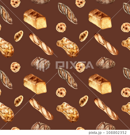 Variety bread watercolor seamless pattern isolated on dark. Hand drawn rye bread, loaf for bakery. Painted pitta, ciabatta. Illustration of baguette. Element for design bakeshop, package, trade 108802352