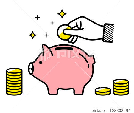 豚の貯金箱に硬貨を入れているイラスト 豚の貯金箱に硬貨を入れているイラスト 108802394