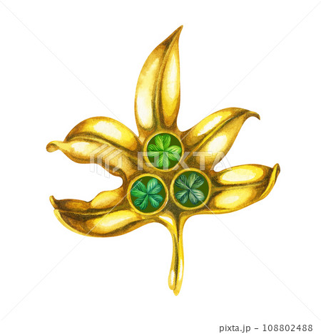 Gold watercolor brooch with green trefoil and quatrefoil. Design of a bright illustration of jewelry for St. Patrick's Day, magic, treasures, wishes of good luck. Element isolated on white background Gold watercolor brooch with green trefoil and quatrefoil. Design of a bright illustration of jewelry for St. Patrick's Day, magic, treasures, wishes of good luck. Element isolated on white background 108802488