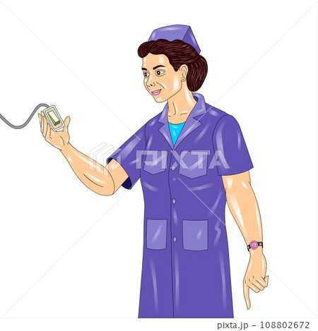 A female nurse in a blue uniform holding a drip 108802672