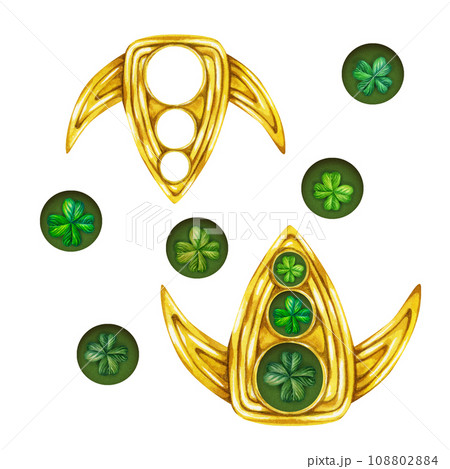 Gold watercolor brooch with green trefoil and quatrefoil. Design of a bright illustration of jewelry for St. Patrick's Day, magic, treasures, wishes of good luck. Element isolated on white background 108802884