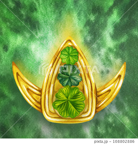 Gold watercolor brooch with green trefoil and quatrefoil. Design of a bright illustration of jewelry for St. Patrick's Day, magic, treasures, wishes of good luck. Element isolated on white background Gold watercolor brooch with green trefoil and quatrefoil. Design of a bright illustration of jewelry for St. Patrick's Day, magic, treasures, wishes of good luck. Element isolated on white background 108802886